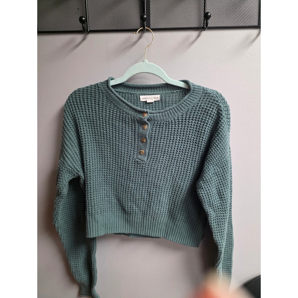 Aeropostale Womens XS Cropped Waffle Knit Henley Sweater Teal Green Long Sleeve